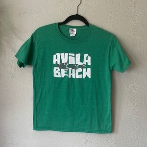 Avila Beach Coastal Classics kids’ green t-shirt. Size Large. Sharks.